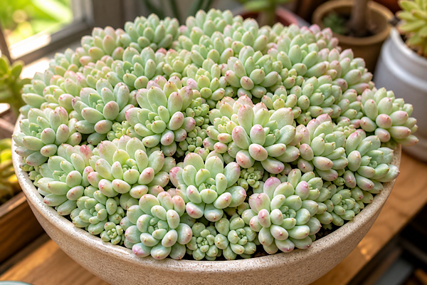 echeveria cute bean em vaso cheio de mudas compactas cultivada dentro de casa com luz natural