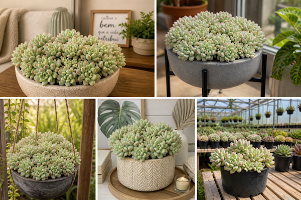 echeveria cute bean em diferentes ambientes decorativos e estufa com vasos cheios de mudas