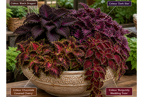coleus black dragon dark star chocolate covered cherry e burgundy wedding train em vaso decorativo com folhas escuras