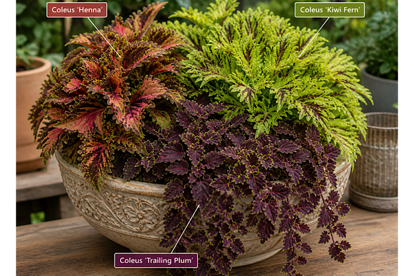coleus henna kiwi fern e trailing plum em vaso decorativo com texturas variadas de folhas
