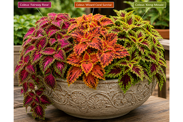 coleus fairway rose wizard coral sunrise e kong mosaic em vaso decorativo com folhas coloridas e contrastantes