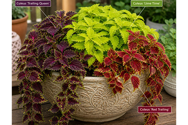 coleus trailing queen lime time e red trailing em vaso decorativo com folhagens pendentes e coloridas