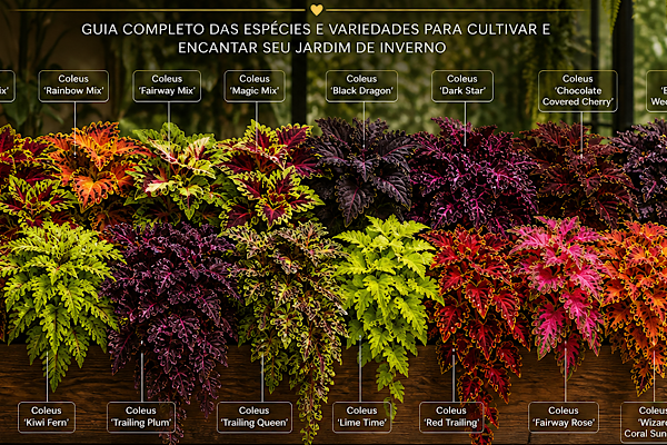 coleus variedades reunidas em floreira em jardim de inverno com cores intensas para dentro de casa