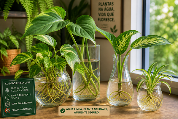 plantas cultivadas na água em recipientes de vidro dentro de casa com luz natural e raízes visíveis