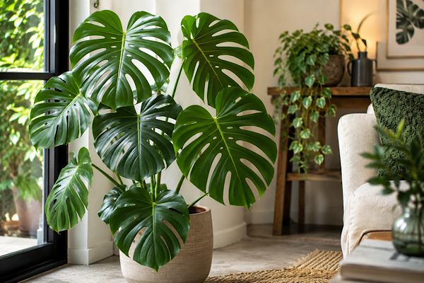 costela de adão monstera deliciosa em vaso dentro de casa com folhas grandes recortadas