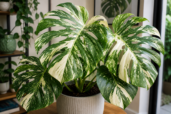 ALT: monstera thai constellation em vaso dentro de casa com folhas variegadas e recortadas