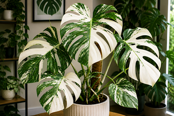 monstera thai constellation em vaso dentro de casa com folhas variegadas e recortadas