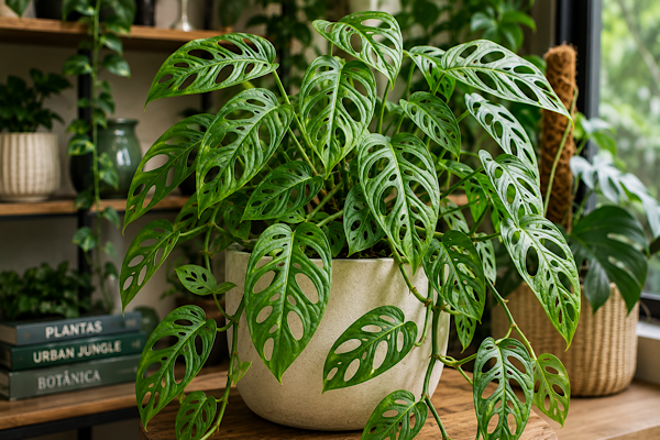 monstera adansonii em vaso dentro de casa com folhas perfuradas e crescimento pendente