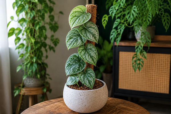 monstera dubia em vaso decorativo com folhas prateadas aderidas ao tutor dentro de casa