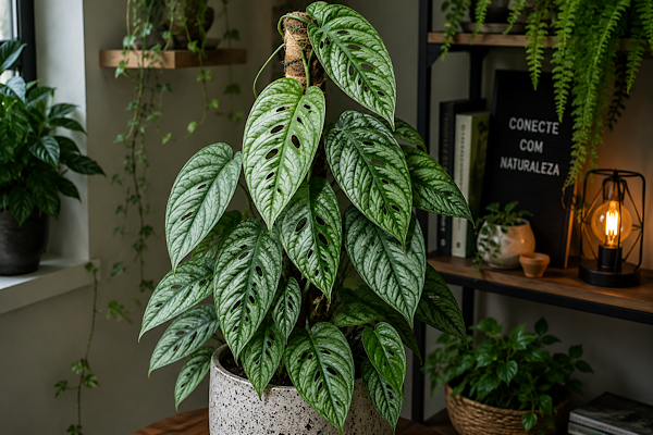 monstera siltepecana em vaso decorativo com folhas prateadas perfuradas dentro de casa