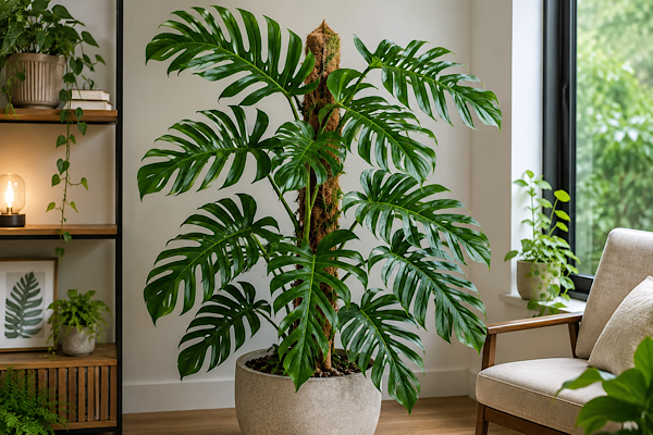 monstera pinnatipartita em vaso grande com folhas profundamente recortadas dentro de casa