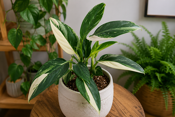 stera standleyana variegata em vaso decorativo com folhas verdes e creme dentro de casa