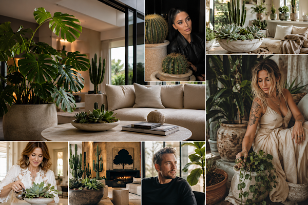 interiores sofisticados inspirados em Hollywood com monsteras suculentas e decoração botânica contemporânea