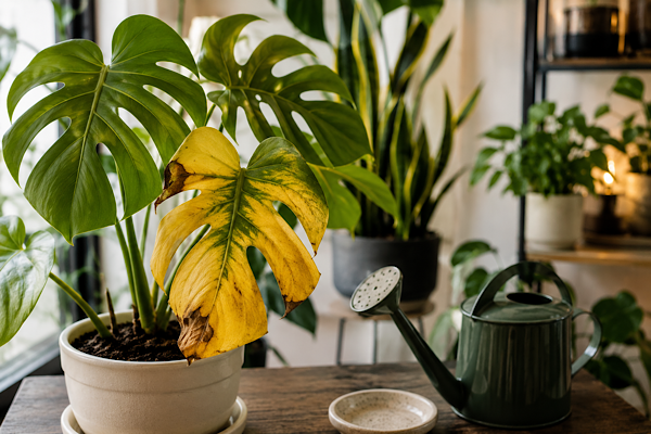 planta dentro de casa com folhas amarelas causadas por excesso de água em ambiente interno iluminado