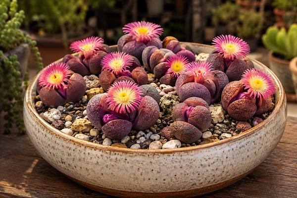 pleiospilos rubro planta pedra rara com flor rosa vibrante