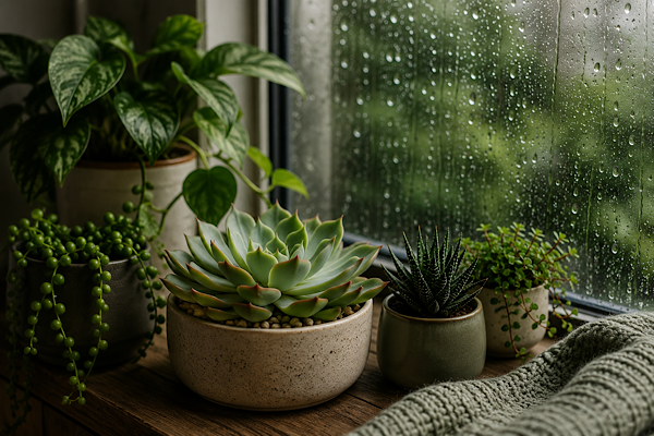 Suculentas e plantas dentro de casa próximas à janela em dia chuvoso com ambiente úmido e iluminação natural suave