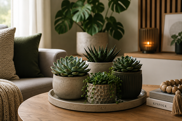 Suculentas decorando mesa de centro em sala moderna com iluminação natural e ambiente interno aconchegante