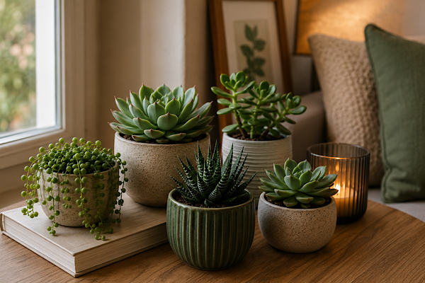 Suculentas decorando apartamento pequeno em mesa de centro com iluminação natural e ambiente interno aconchegante