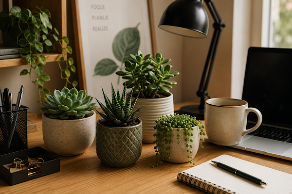 Suculentas para mesa de trabalho em home office moderno com iluminação natural e decoração minimalista