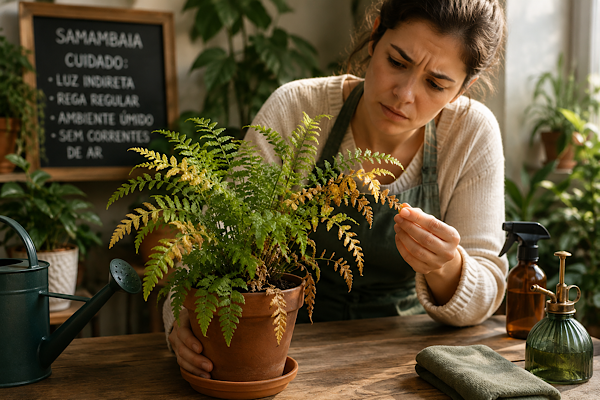 Samambaia dentro de casa com folhas amareladas e secas sendo analisada durante os cuidados de cultivo