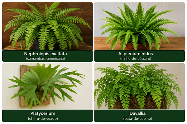 Principais espécies de samambaias para cultivo em casa identificadas por nome botânico e popular