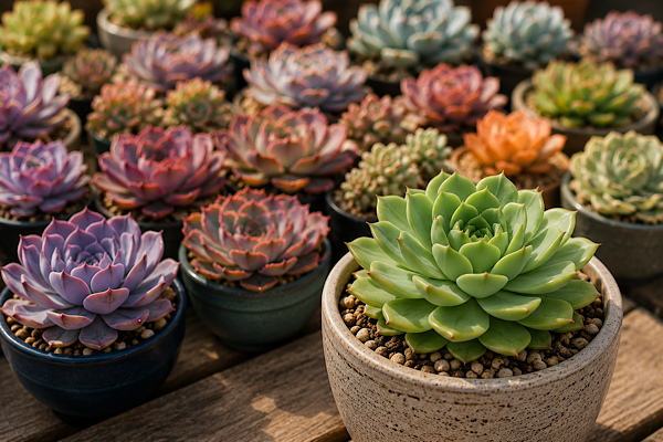 Coleção de suculentas coloridas em vasos, destacando diferentes tons de verde, lilás, rosa e azul, evidenciando como a iluminação influencia a coloração das folhas.