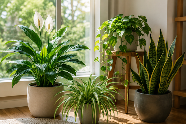 Plantas que purificam o ar cultivadas próximas a uma janela em ambiente interno iluminado