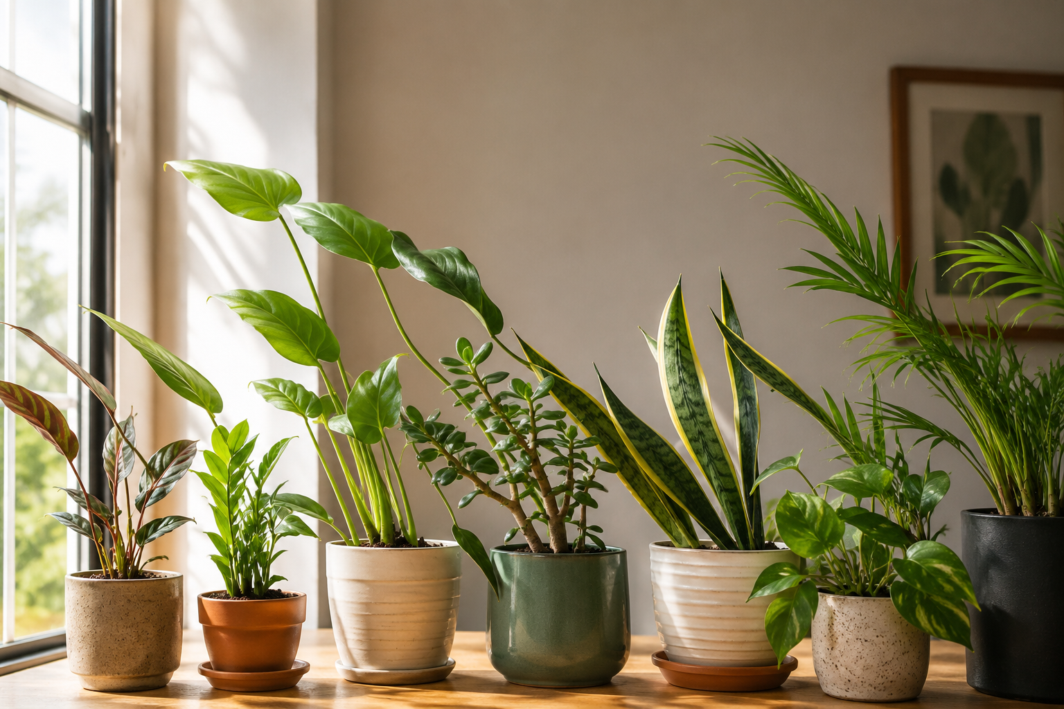 Coleção de plantas de interior, incluindo suculentas e um cacto estiolado, inclinadas em direção à luz natural da janela.