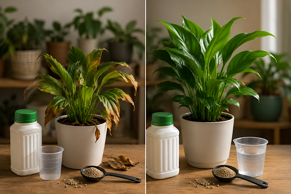 Planta com folhas queimadas após excesso de adubo ao lado de uma planta saudável em comparação de adubação.