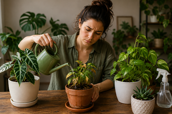 Cultivador regando uma planta que apresenta sinais de excesso de água em ambiente interno.