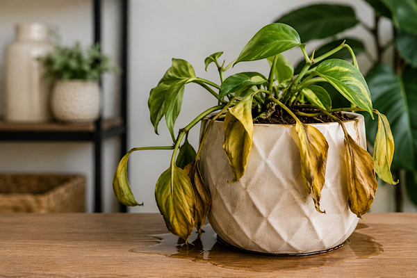 Planta com folhas amareladas em vaso decorativo sem drenagem, ilustrando problemas causados pela escolha inadequada do recipiente