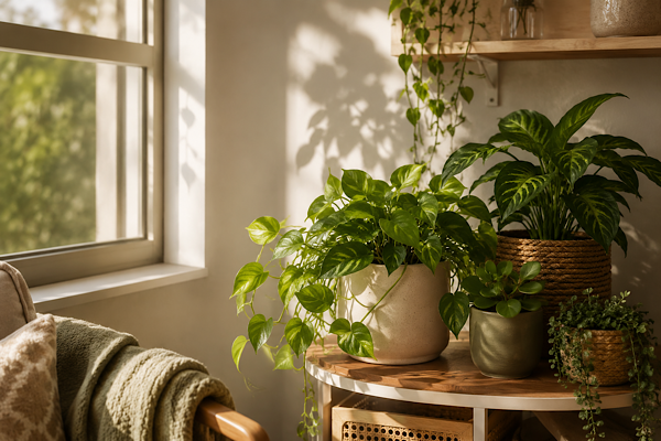 Cantinho com plantas de interior cultivadas próximas a uma janela com luz indireta em ambiente interno aconchegante.