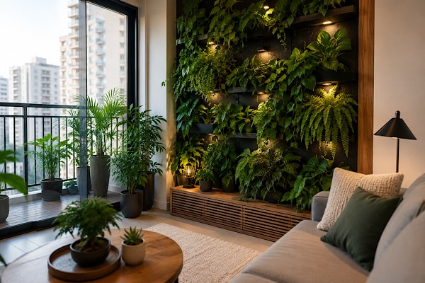 Sala de apartamento com jardim vertical interno e diversas plantas cultivadas em ambiente controlado.