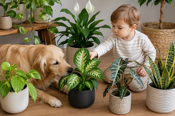 Plantas tóxicas para crianças e pets cultivadas em ambiente residencial com espécies ornamentais comuns usadas na decoração de interiores.