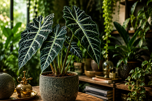 Alocasia Jacklyn cultivada em vaso destacando suas folhas profundamente recortadas e nervuras marcantes em ambiente tropical interno.