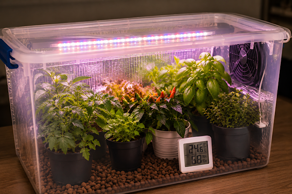 Sistema de cultivo indoor em caixa plástica transparente com iluminação LED artificial e ambiente controlado para o desenvolvimento de plantas.