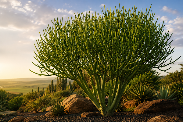 Aveloz (Euphorbia tirucalli) cultivado em jardim seco com seus característicos ramos verdes cilíndricos e arquitetura escultural