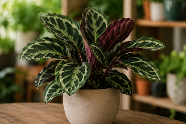 Calathea ornamental cultivada em ambiente interno com folhas variegadas e verso arroxeado característico.