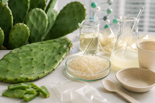 Bioplástico biodegradável produzido a partir do cacto nopal em laboratório de pesquisa sustentável