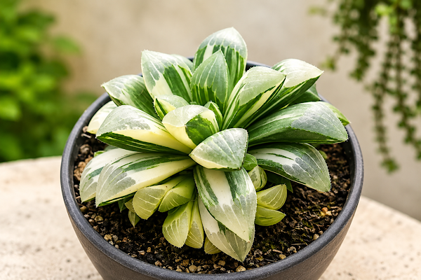 Haworthia retusa variegata cultivada em vaso com folhas translúcidas e variegadas