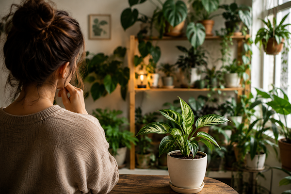 Pessoa observando sua coleção de plantas dentro de casa em ambiente aconchegante e bem iluminado.