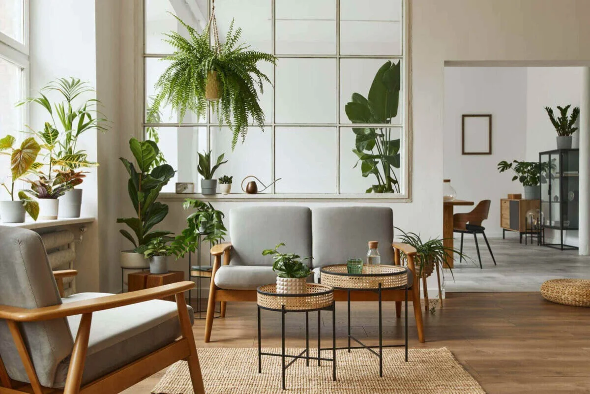 Sala de estar moderna com móveis de madeira e almofadas cinza, mesas de centro redondas de vime e metal com objetos decorativos, cercada por várias plantas verdes no chão, janela e teto, criando atmosfera natural e acolhedora.