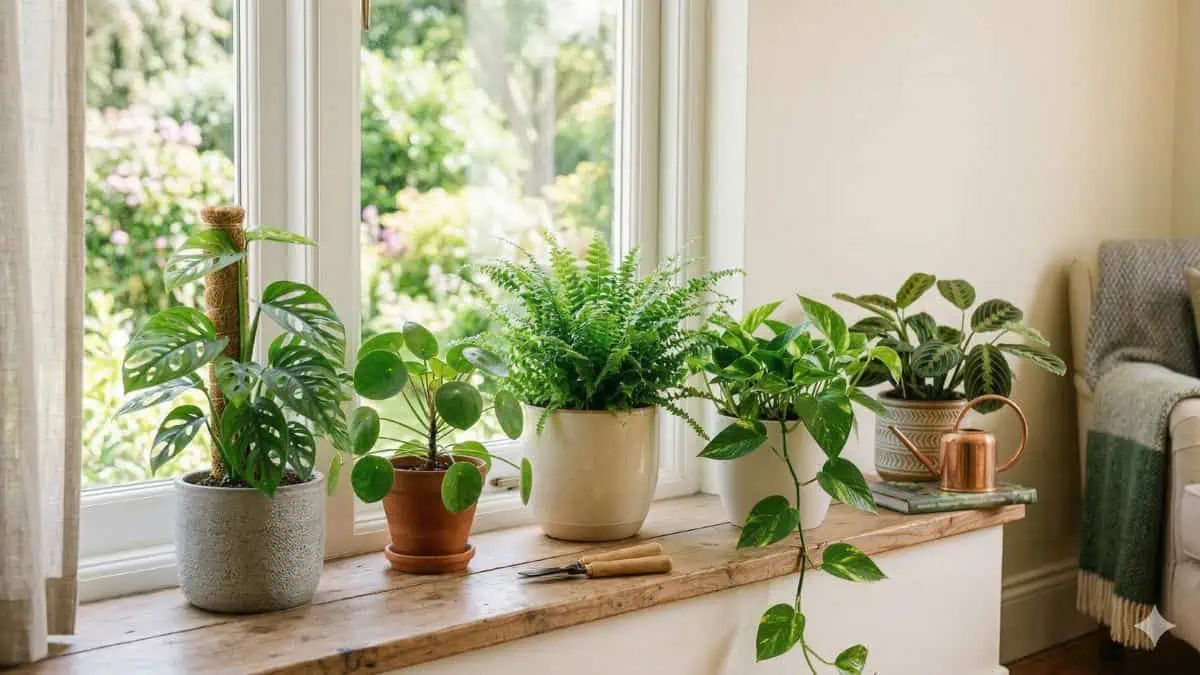 Vasos de plantas variadas sobre peitoril de janela de madeira, iluminados pela luz do sol.