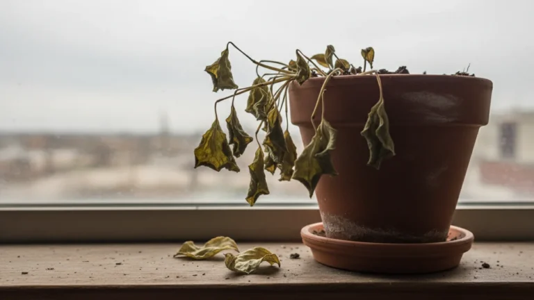 Pequeno vaso de terracota com planta murcha de folhas secas e caídas, sobre peitoril de janela com algumas folhas soltas e solo espalhado, ao fundo céu nublado e prédios desfocados.