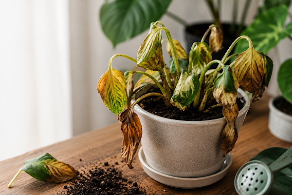ALT: Planta ornamental aparentemente saudável murchando de forma repentina em vaso, ilustrando os primeiros sinais de apodrecimento das raízes.
