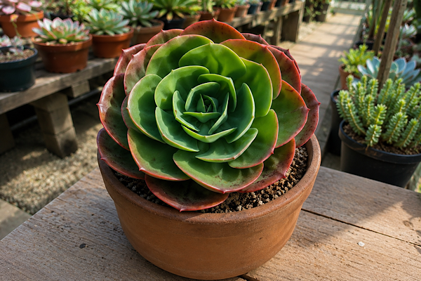 Echeveria mandala com roseta simétrica de folhas verdes largas e bordas avermelhadas cultivada em vaso de barro.