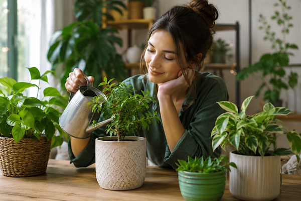 Pessoa cultivando plantas em ambiente interno iluminado, mostrando como o contato com a jardinagem contribui para o bem-estar e a tranquilidade.