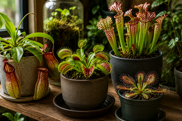 Plantas carnívoras cultivadas em vasos dentro de casa, incluindo dioneia, sarracênia e drosera, próximas a uma janela com iluminação natural.