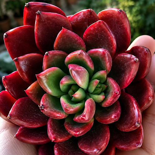 Echeveria sanguinea adulta cultivada em vaso com folhas verdes e bordas vermelhas intensas