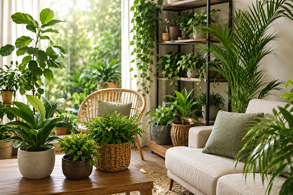 Sala de estar bem iluminada com diversas plantas ornamentais distribuídas em vasos, criando um ambiente interno aconchegante e funcional.